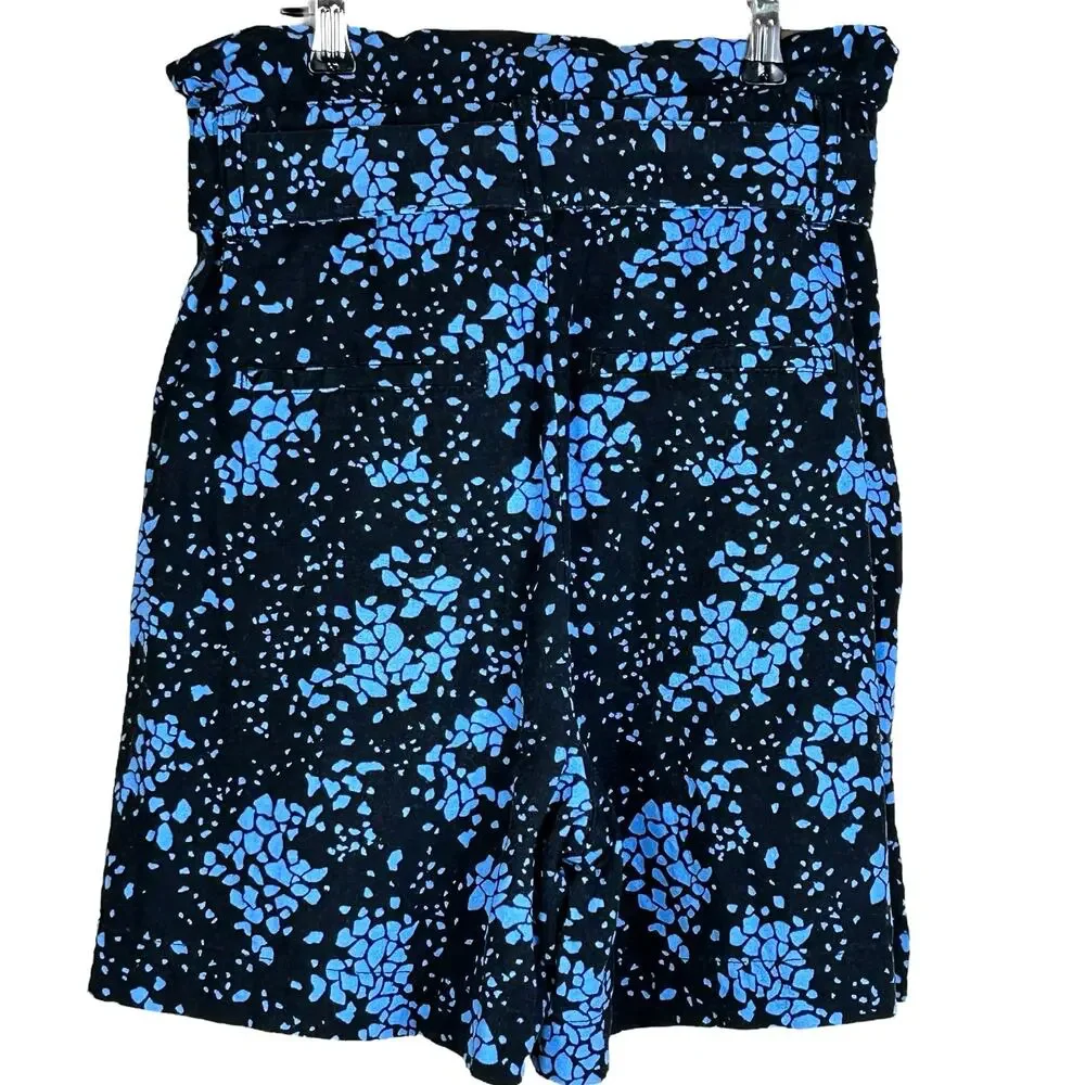 Who What Wear Paper Bag Shorts Size 2 Black Blue Coastal Linen Rayon Belted